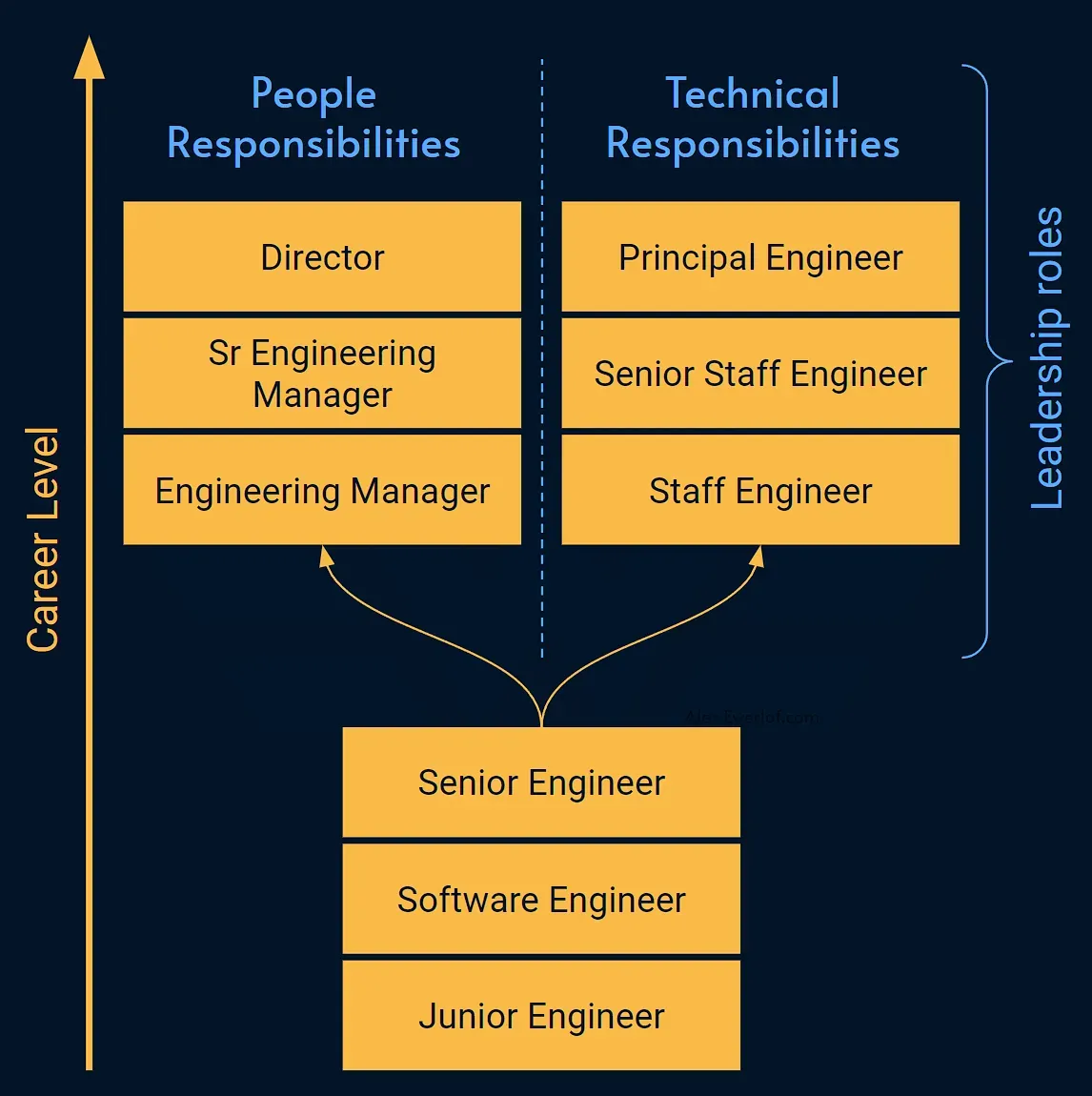 Career ladder splitting at Senior Engineer into a people-management track and a technical track